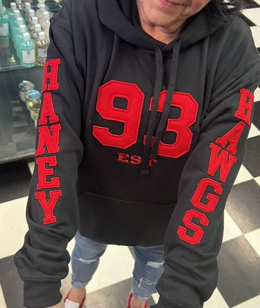 Haney Hawgs Est 93 College Hoodie Red on Black