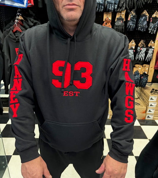 Haney Hawgs Est 93 College Hoodie Red on Black